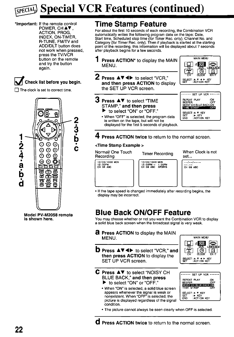 Spé^ special vcr features (continued), Time stamp feature, Blue back on/off feature | Panasonic OMNIVISION VHS PV-M2058 User Manual | Page 22 / 40