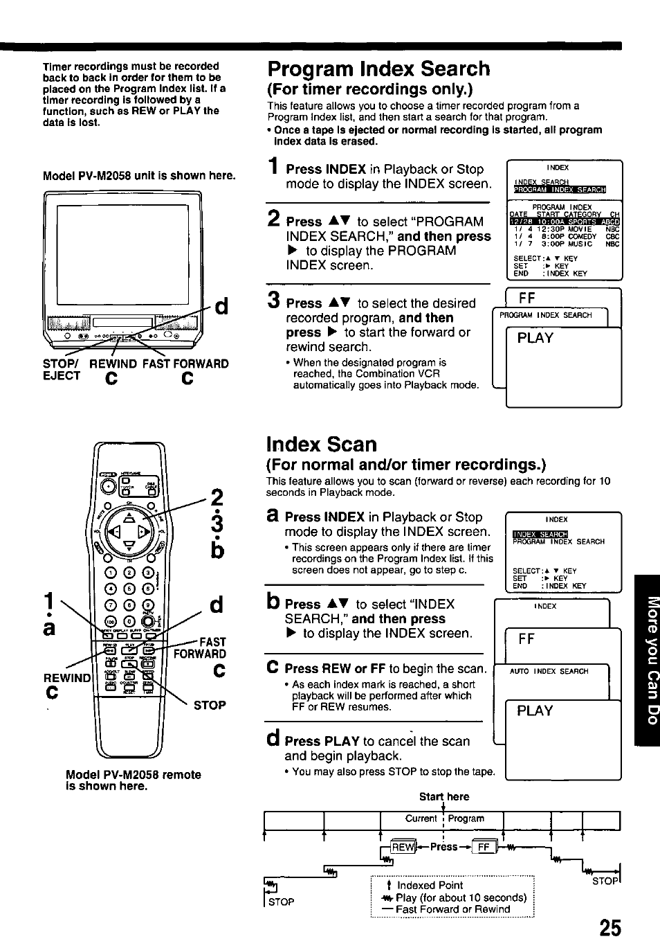 Program index search, For timer recordings only.), Index scan | For normal and/or timer recordings.) | Panasonic OMNIVISION VHS PV-M2058 User Manual | Page 25 / 40