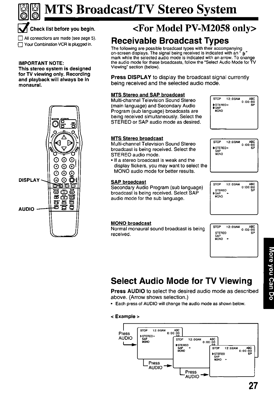 511^ mts broadcast/tv stereo system, Mts stereo and sap broadcast, Mts stereo broadcast | Sap broadcast, Mono broadcast, Select audio mode for tv viewing, Example, For model pv-m2058 only, Receivable broadcast types, X check list before you begin | Panasonic OMNIVISION VHS PV-M2058 User Manual | Page 27 / 40