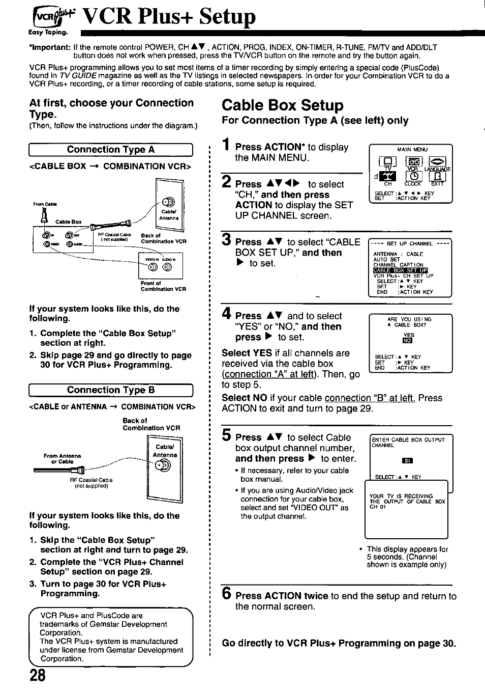 Vcr plus+ setup, At first, choose your connection type, Cable box setup | For connection type a (see left) only | Panasonic OMNIVISION VHS PV-M2058 User Manual | Page 28 / 40