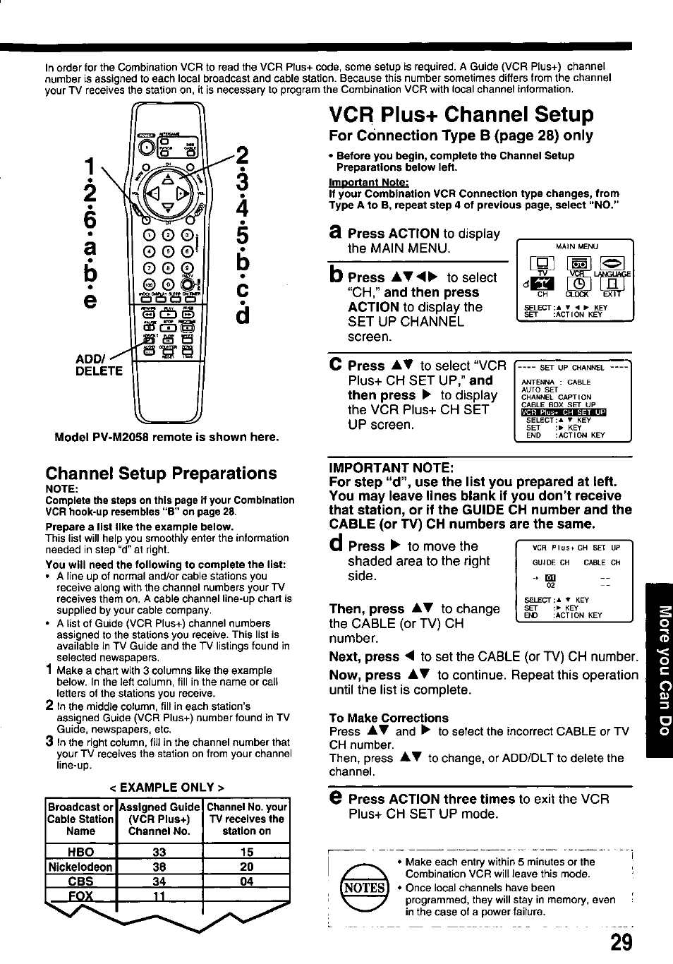 Vcr plus+ channel setup, Model pv-m2058 remote is shown here, Leiisa | To make corrections, P\us, Channel setup preparations, For connection type b (page 28) only | Panasonic OMNIVISION VHS PV-M2058 User Manual | Page 29 / 40