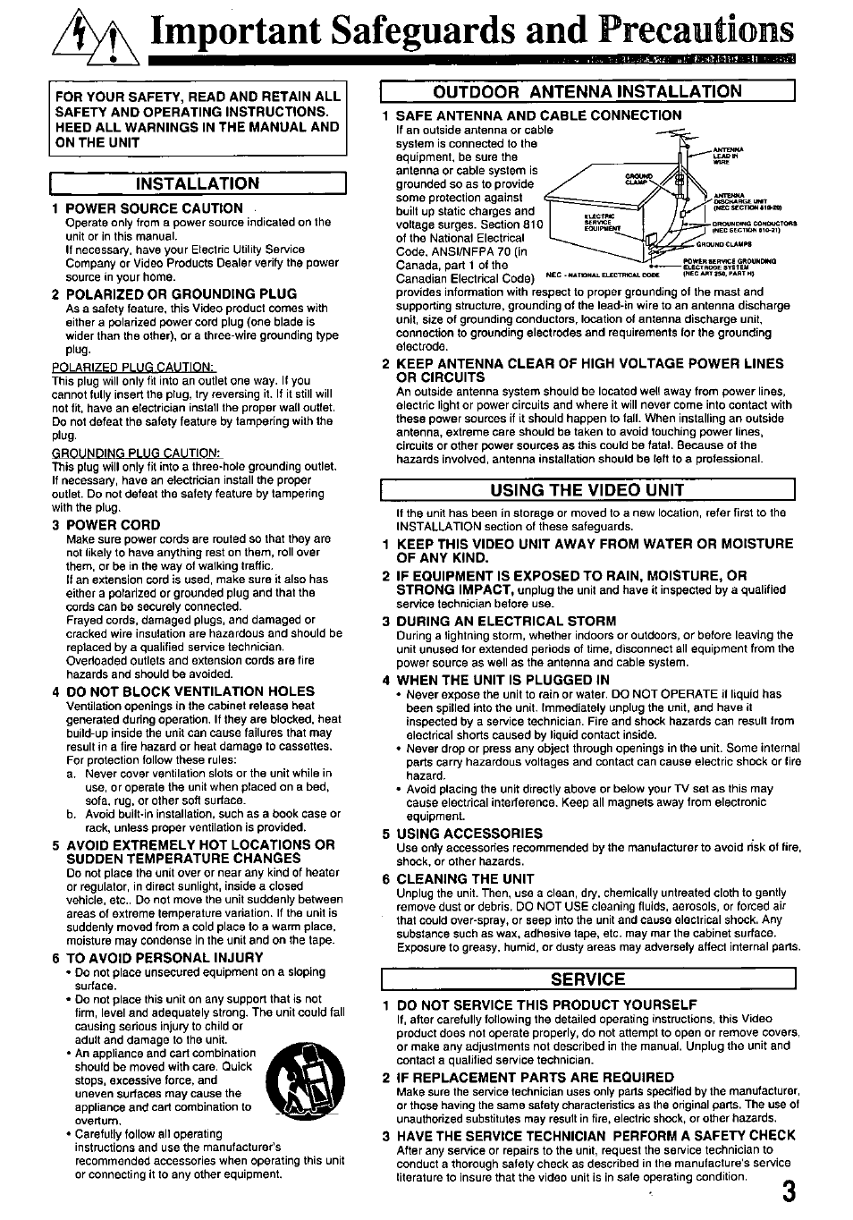 Important safeguards and precautions, Installation, Outdoor antenna installation | Using the video unit, Service | Panasonic OMNIVISION VHS PV-M2058 User Manual | Page 3 / 40
