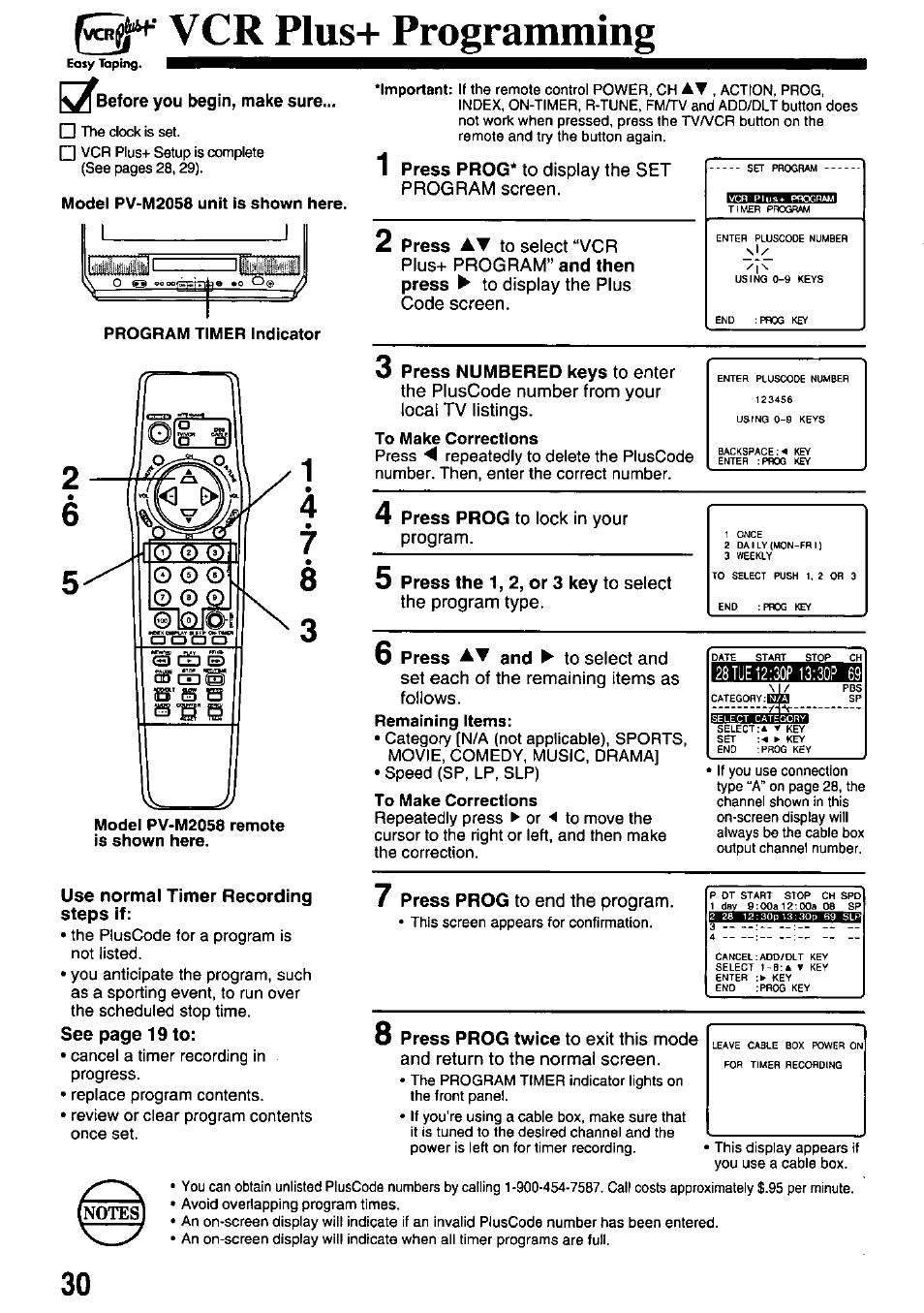Vcr plus+ programming, Model pv-m2058 unit is shown here, Program timer indicator | Modei pv-m2058 remote is shown here, To make corrections, Vcr plus-f programming | Panasonic OMNIVISION VHS PV-M2058 User Manual | Page 30 / 40