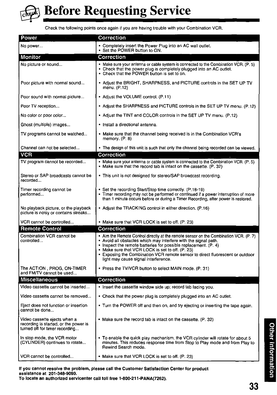 Before requesting service | Panasonic OMNIVISION VHS PV-M2058 User Manual | Page 33 / 40