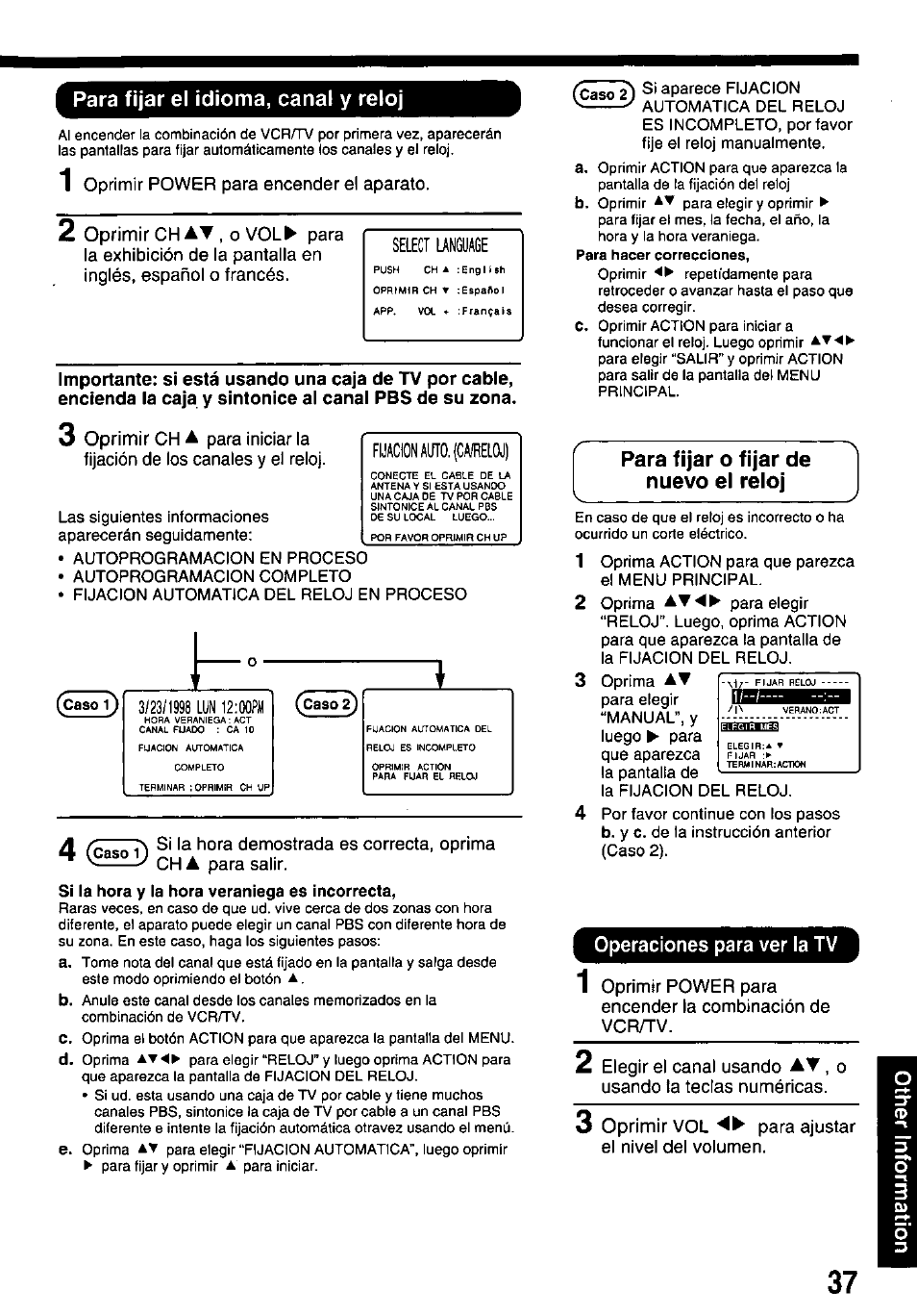 Para fijar el idioma, canal y reloj, Para fijar o fijar de nuevo el reloj, Operaciones para ver la tv | Select language, Fijacion auto. (ca/reloj) | Panasonic OMNIVISION VHS PV-M2058 User Manual | Page 37 / 40