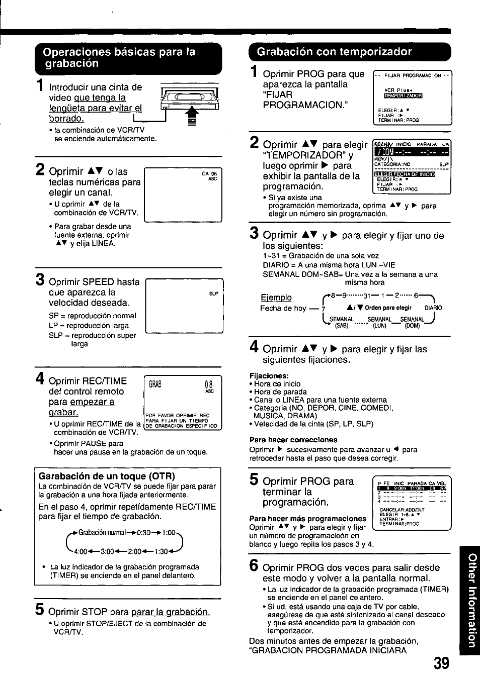 Operaciones básicas para la grabación, Grabación con temporizador | Panasonic OMNIVISION VHS PV-M2058 User Manual | Page 39 / 40
