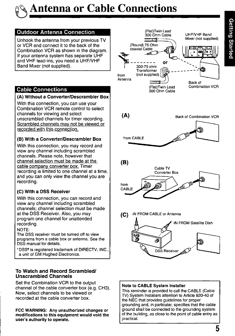 Antenna or cable connections, Outdoor antenna connection, Cable connections | Panasonic OMNIVISION VHS PV-M2058 User Manual | Page 5 / 40
