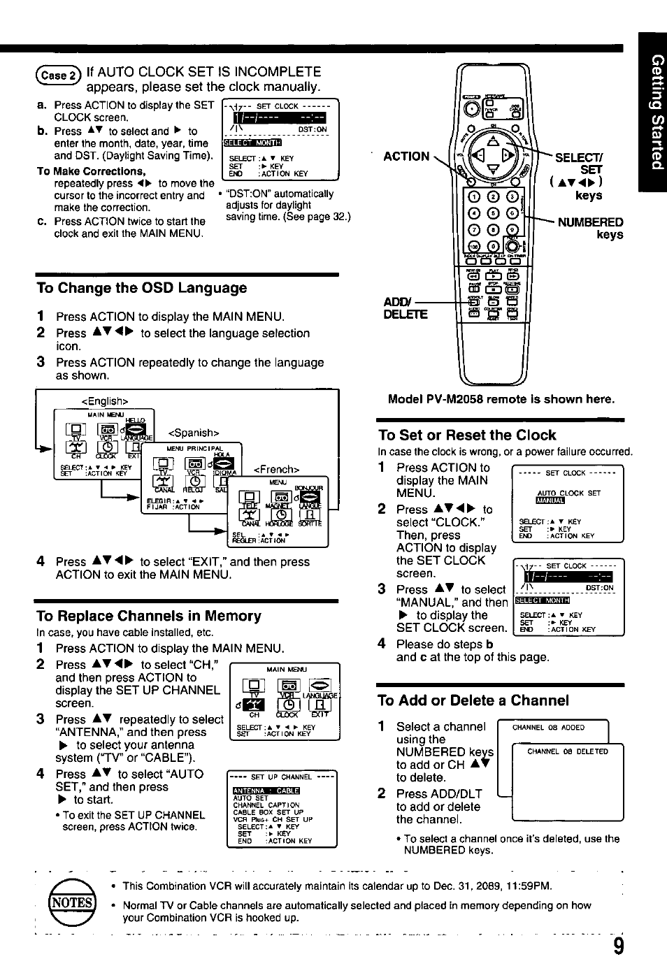 To change the osd language, To replace channels in memory, To set or reset the clock | To add or delete a channel 1, Éîbsâéii | Panasonic OMNIVISION VHS PV-M2058 User Manual | Page 9 / 40