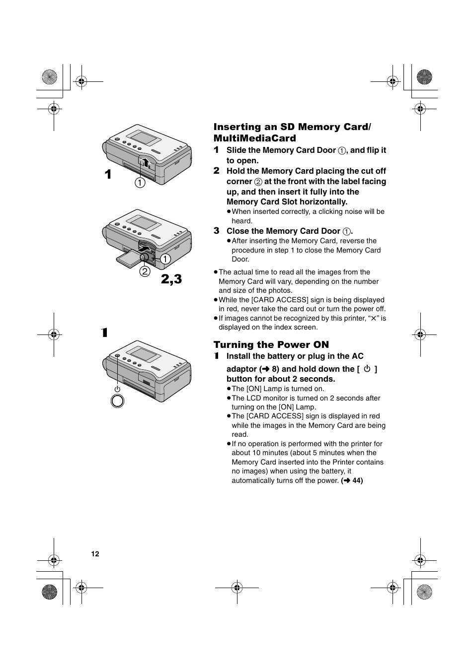 Inserting an sd memory card/multi media card, Turning the power on | Panasonic SV-P20U User Manual | Page 12 / 62