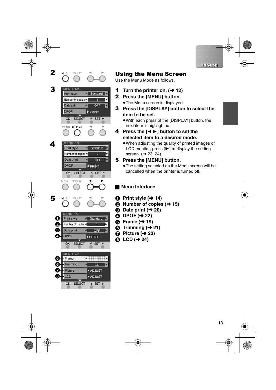 Using the menu screen | Panasonic SV-P20U User Manual | Page 13 / 62