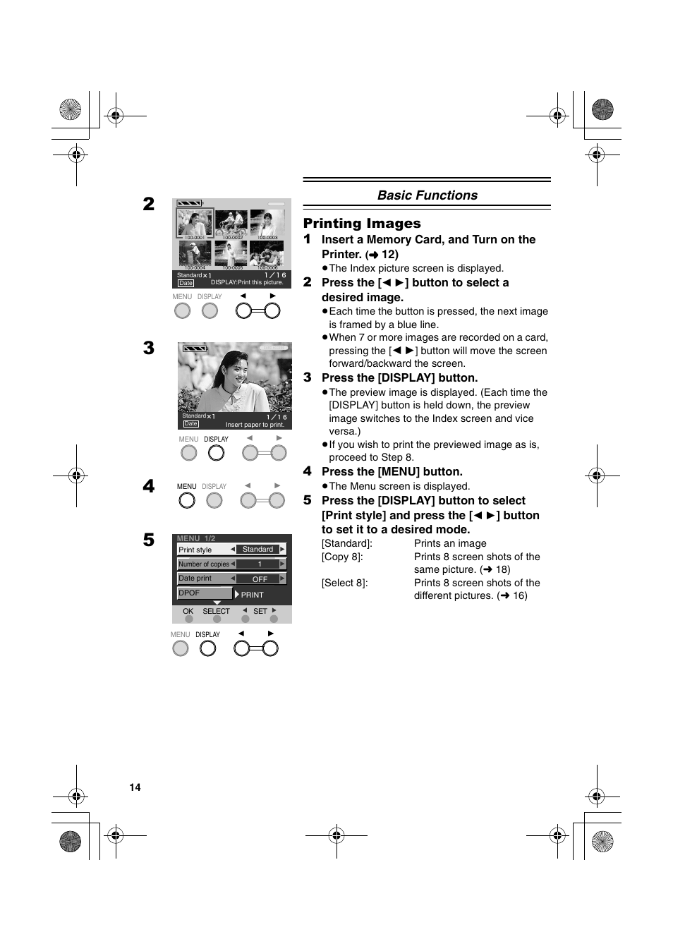Basic functions, Printing images | Panasonic SV-P20U User Manual | Page 14 / 62