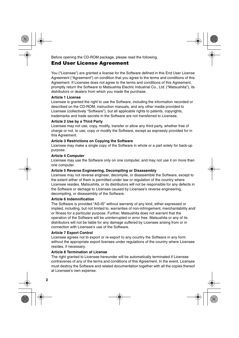 End user license agreement | Panasonic SV-P20U User Manual | Page 2 / 62