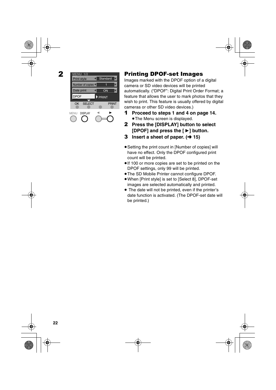 Printing dpof-set images | Panasonic SV-P20U User Manual | Page 22 / 62