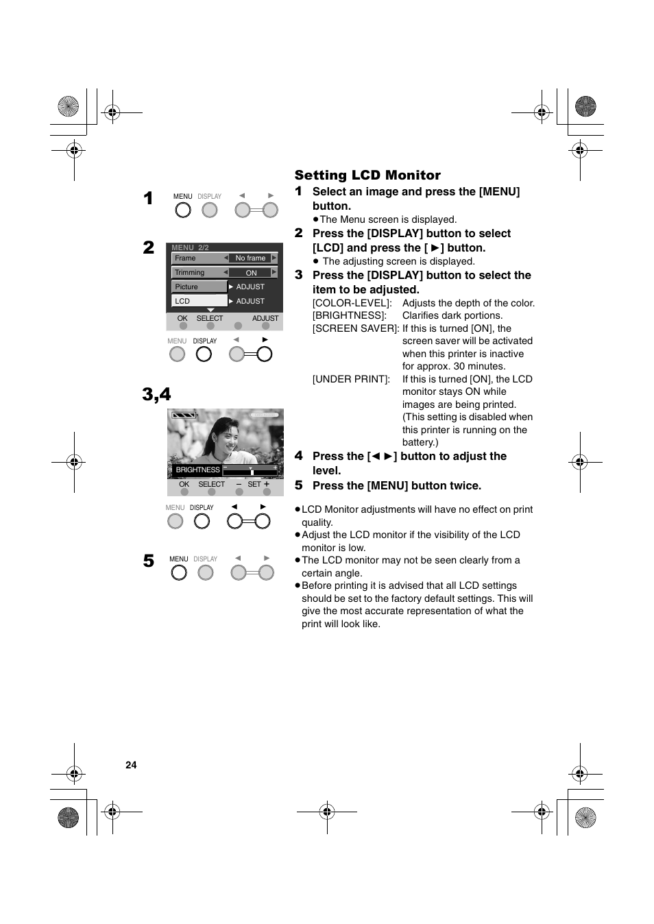 Setting lcd monitor | Panasonic SV-P20U User Manual | Page 24 / 62