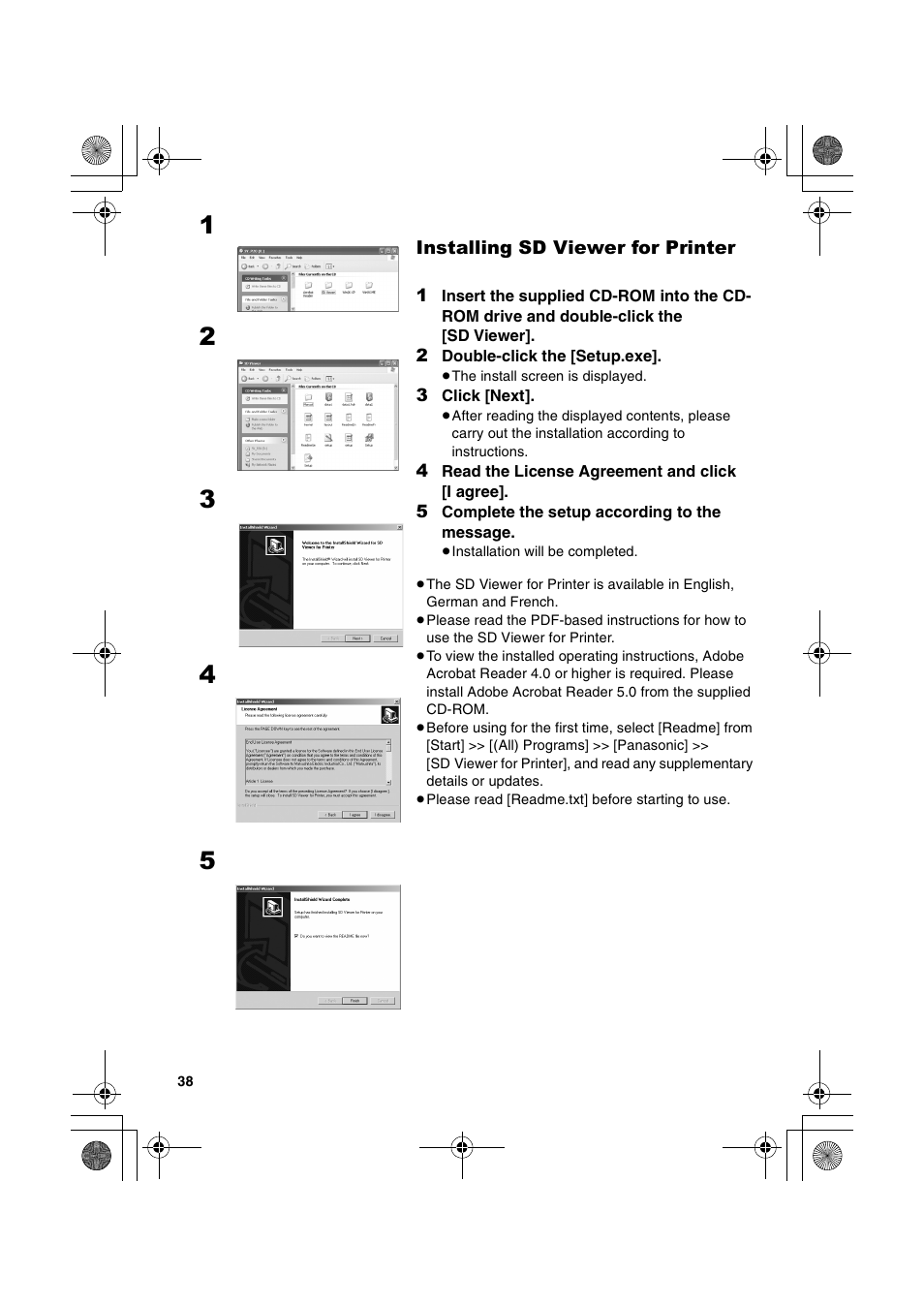 Installing sd viewer for printer | Panasonic SV-P20U User Manual | Page 38 / 62