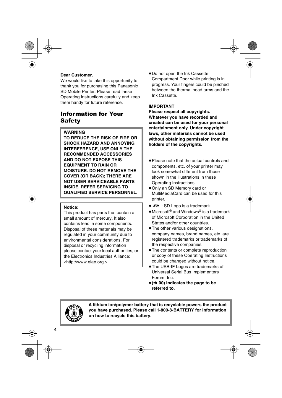 Information for your safety | Panasonic SV-P20U User Manual | Page 4 / 62