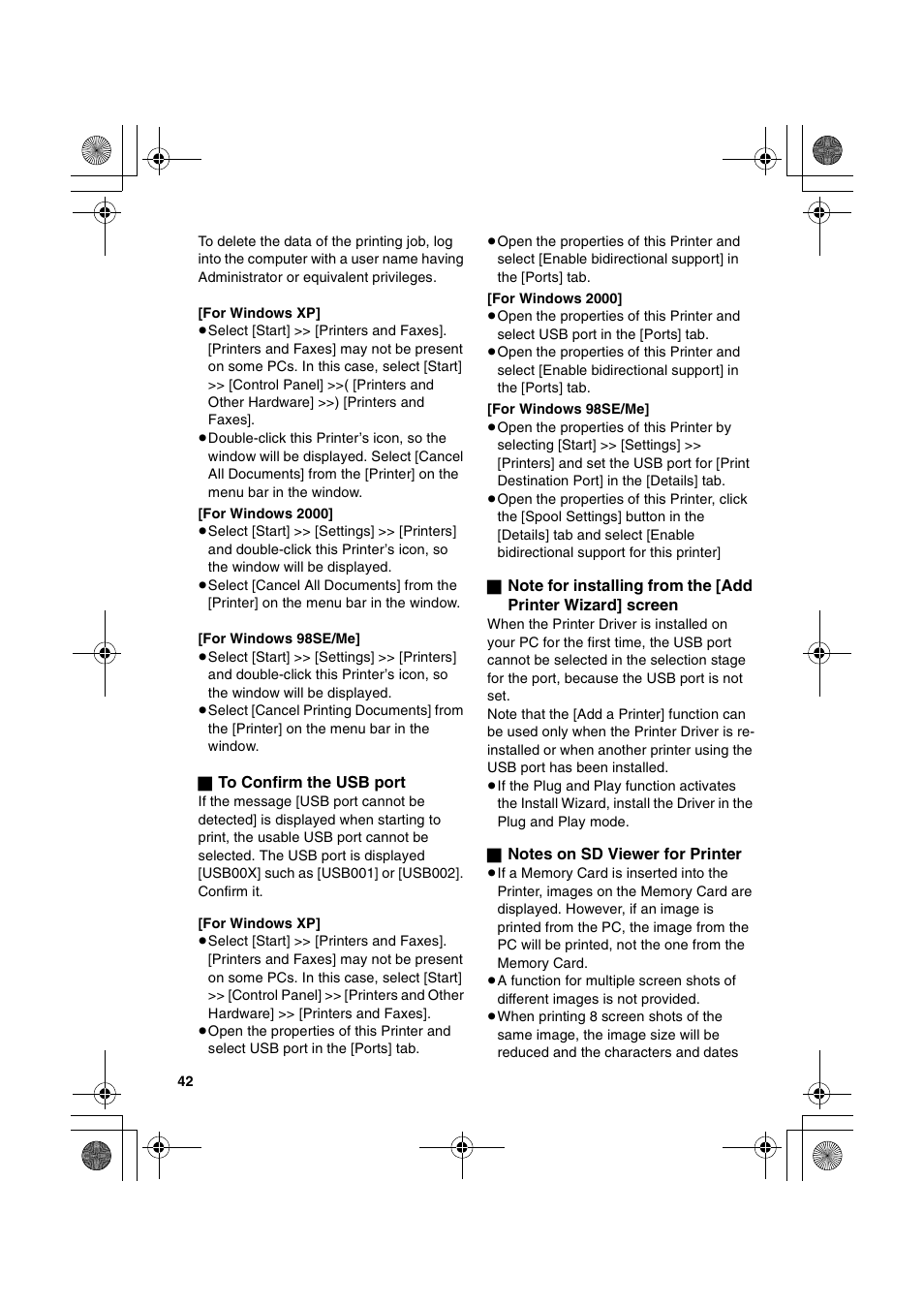 To confirm the usb port, Notes on sd viewer for printer | Panasonic SV-P20U User Manual | Page 42 / 62