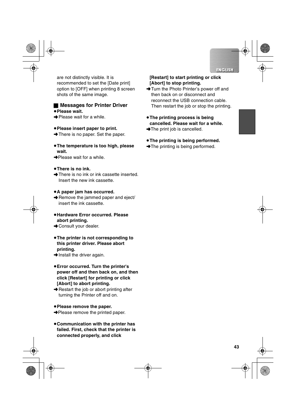 Messages for printer driver | Panasonic SV-P20U User Manual | Page 43 / 62