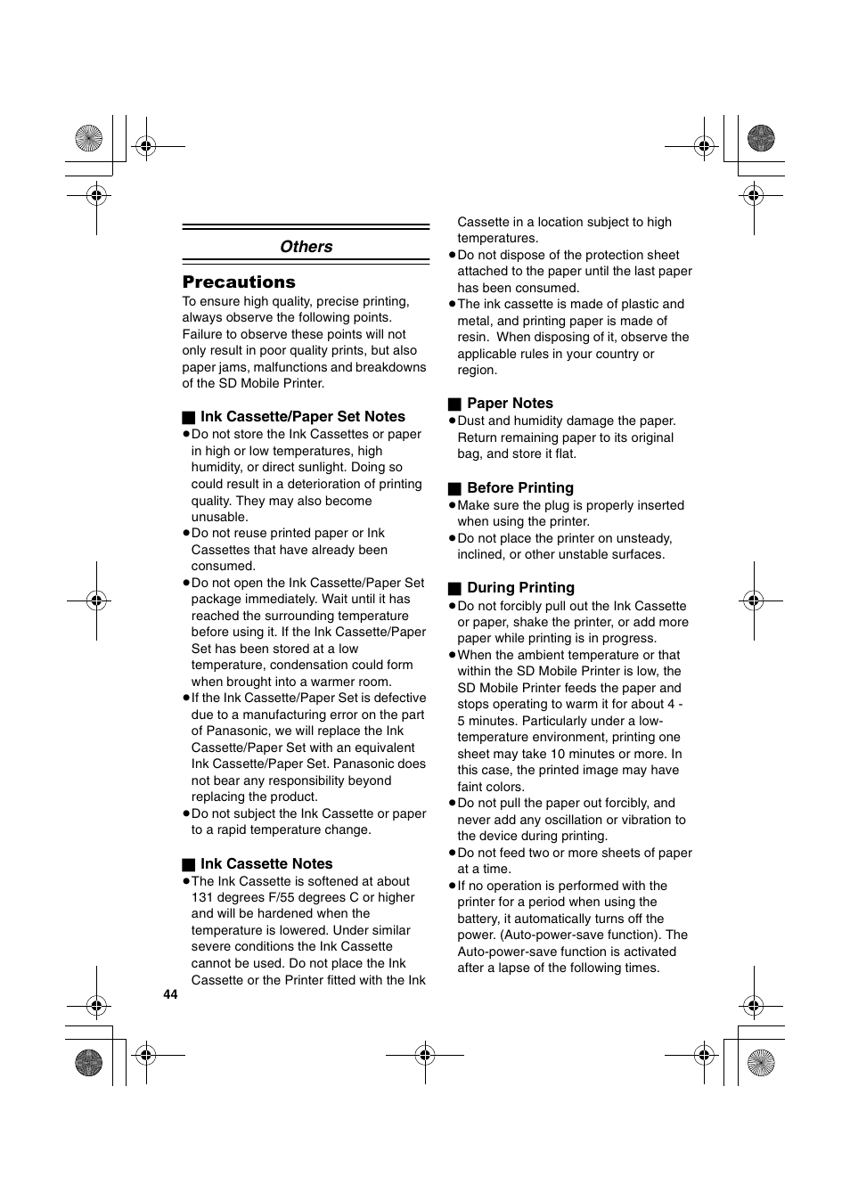 Others, Precautions | Panasonic SV-P20U User Manual | Page 44 / 62