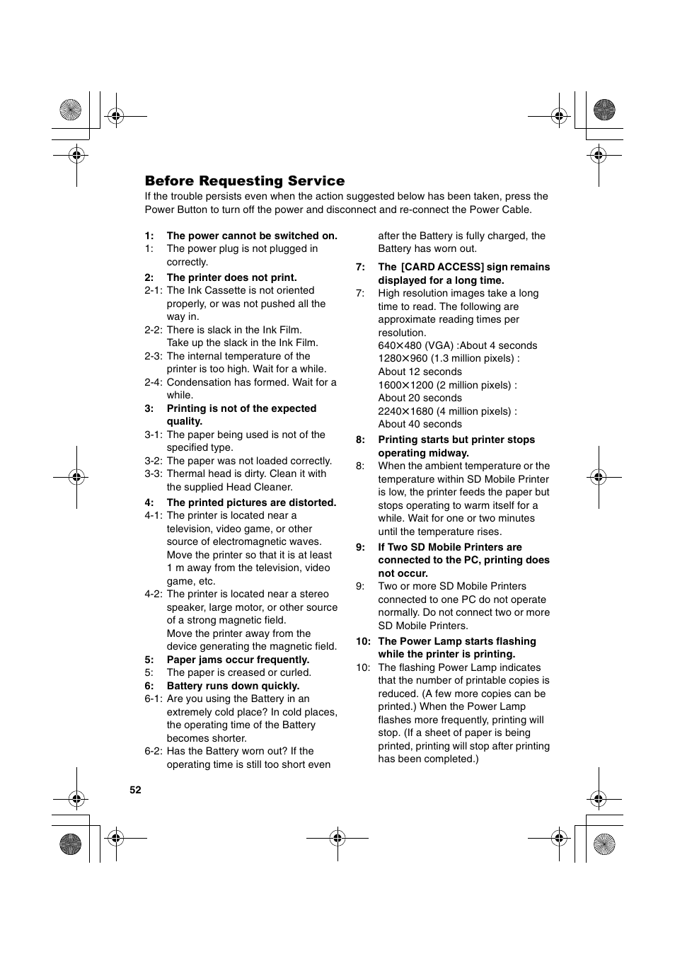 Before requesting service | Panasonic SV-P20U User Manual | Page 52 / 62