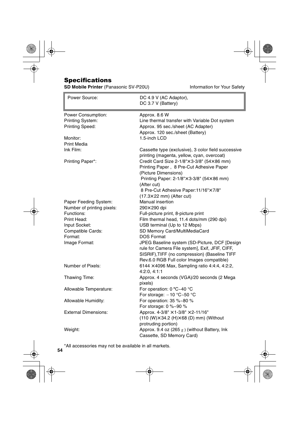 Specifications | Panasonic SV-P20U User Manual | Page 54 / 62