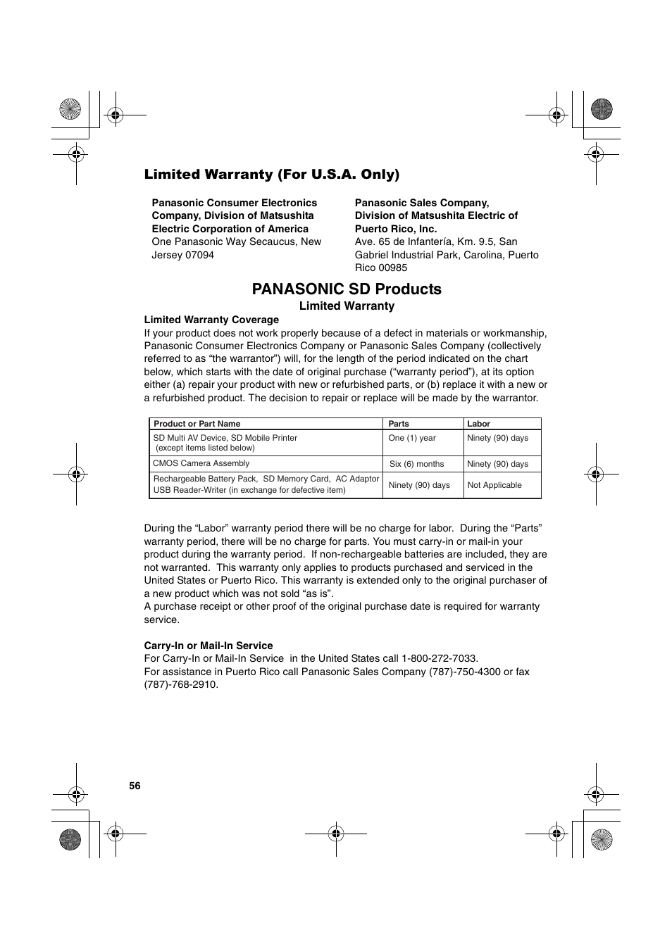 Limited warranty (for u.s.a. only), Panasonic sd products | Panasonic SV-P20U User Manual | Page 56 / 62
