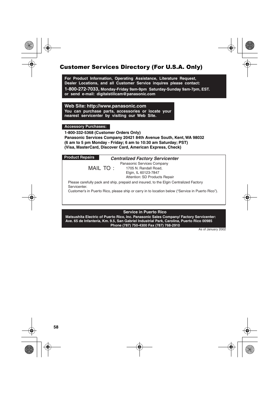 Customer service directory (for u.s.a. only), Customer services directory (for u.s.a. only), Mail to | Panasonic SV-P20U User Manual | Page 58 / 62