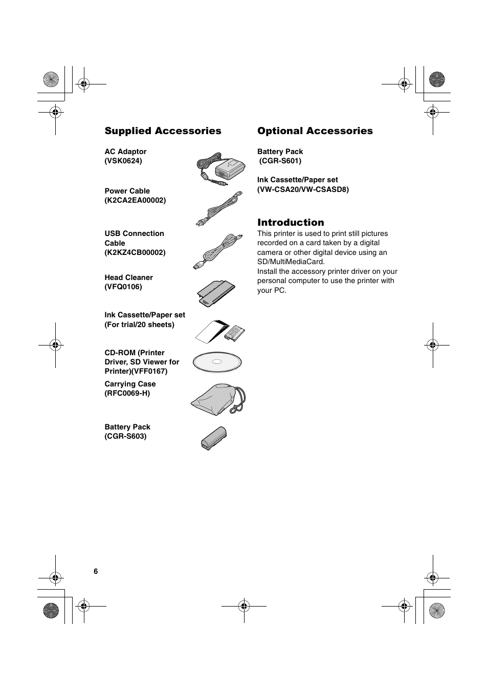 Supplied accessories, Optional accessories, Introduction | Panasonic SV-P20U User Manual | Page 6 / 62