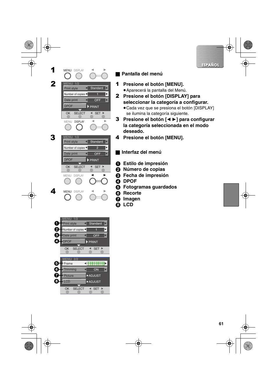 Pantalla del menú, Presione el botón [menu, Presione el botón | Panasonic SV-P20U User Manual | Page 61 / 62