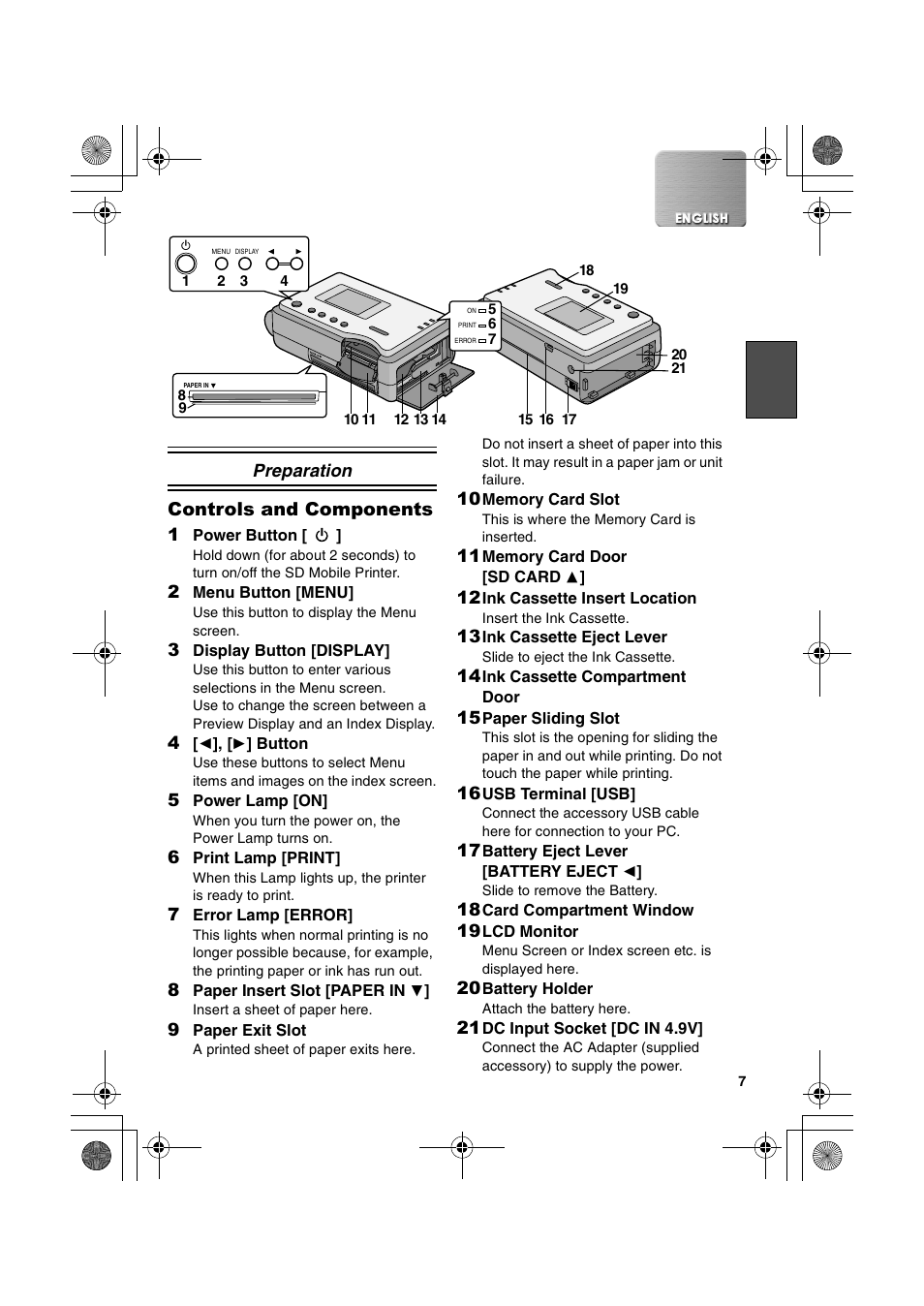 Preparation, Controls and components | Panasonic SV-P20U User Manual | Page 7 / 62