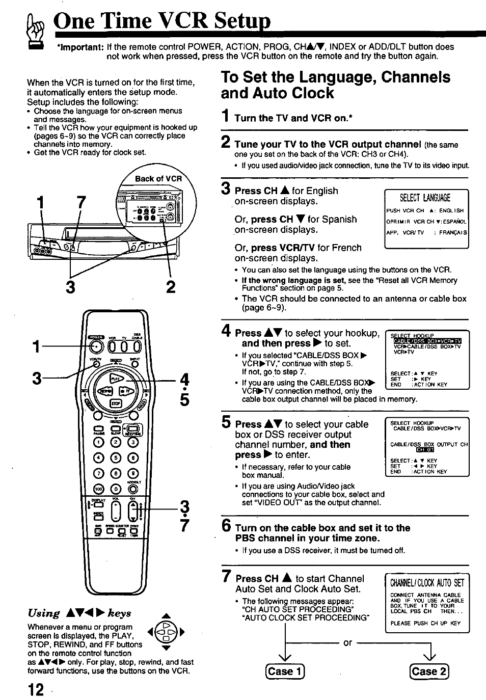 One time vcr setup, To set the language, channels and auto clock | Panasonic OMNIVISION PV-8451 User Manual | Page 12 / 40