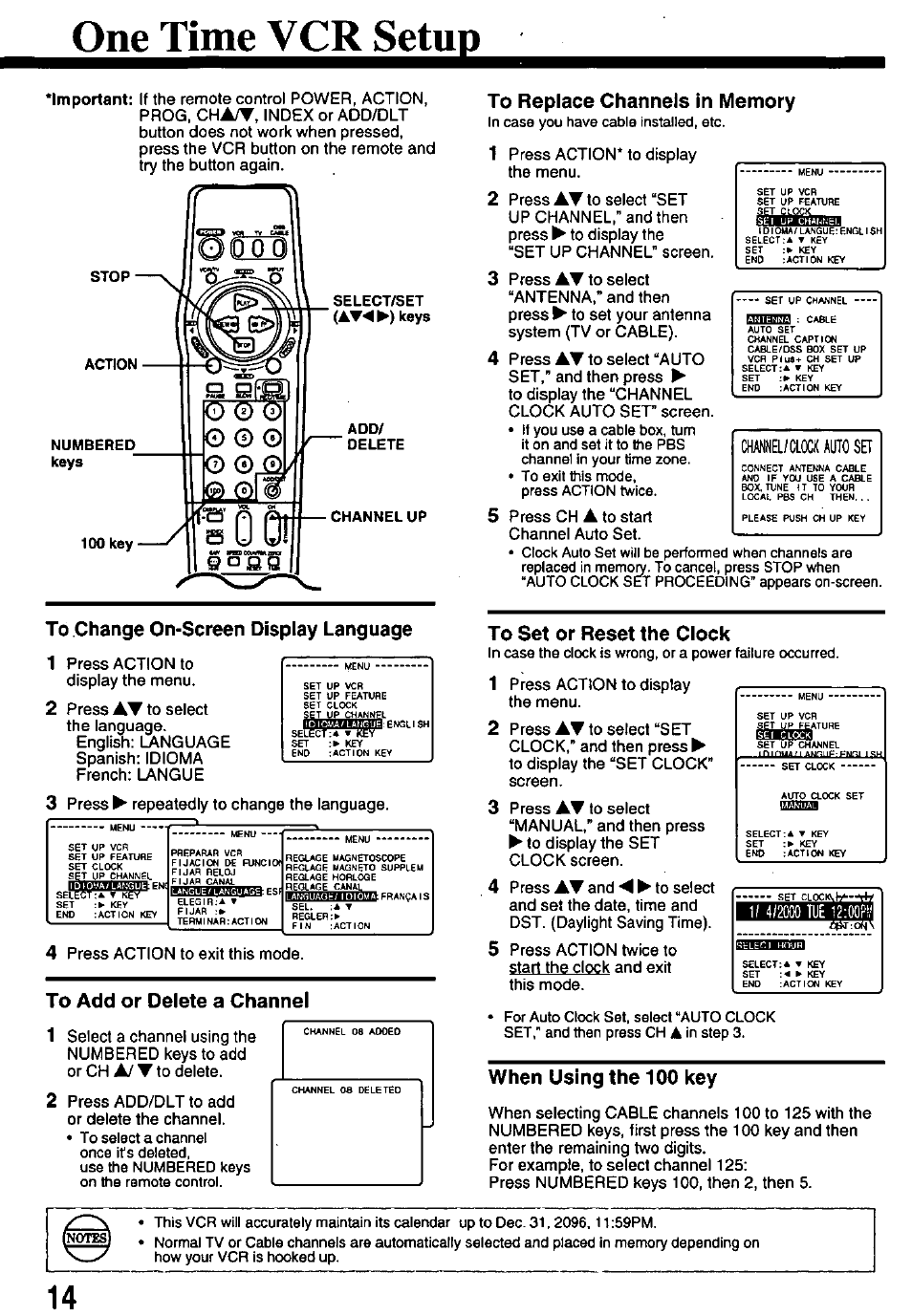 One time vcr setup, To add or delete a channel, To replace channels in memory | To set or reset the clock, When using the 100 key, A/ t, Ауто set | Panasonic OMNIVISION PV-8451 User Manual | Page 14 / 40