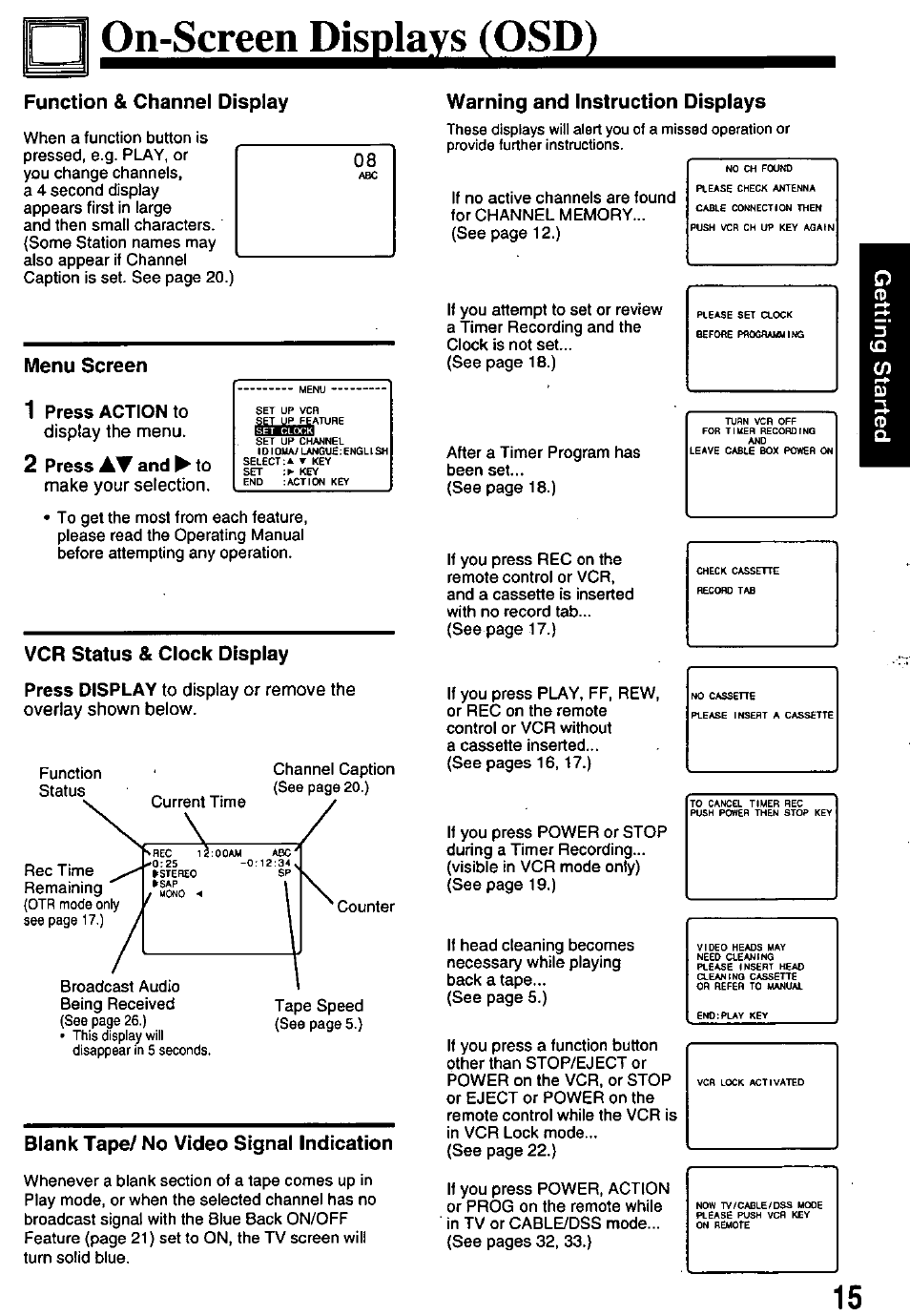 Function & channel display, Menu screen, Vcr status & clock display | Blank tape/ no video signal indication, Warning and instruction displays, On^creei^isgla^^osd^ function & channel display | Panasonic OMNIVISION PV-8451 User Manual | Page 15 / 40
