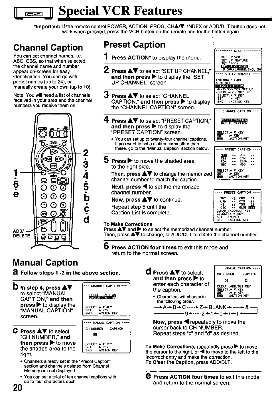 Special vcr features, Channel caption, Preset caption | Manual caption | Panasonic OMNIVISION PV-8451 User Manual | Page 20 / 40