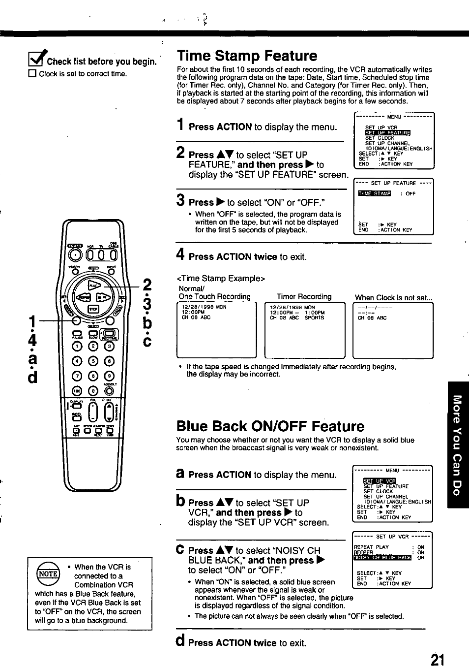 Time stamp feature, Blue back on/off feature | Panasonic OMNIVISION PV-8451 User Manual | Page 21 / 40