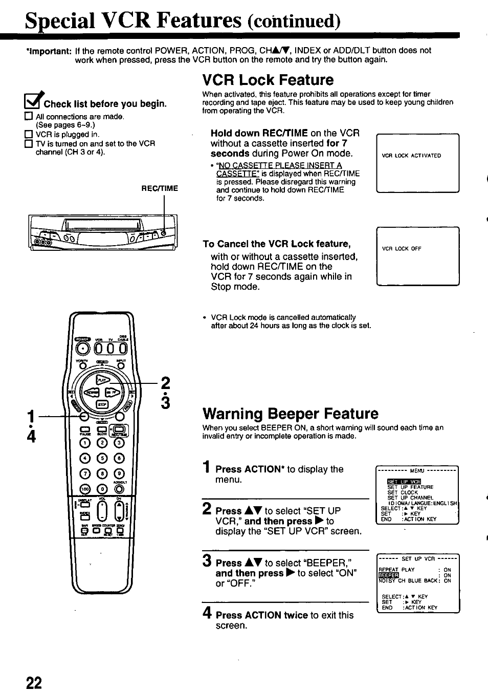 Special vcr features (continued), Vcr lock feature, Warning beeper feature | Special, Features, Continued) | Panasonic OMNIVISION PV-8451 User Manual | Page 22 / 40