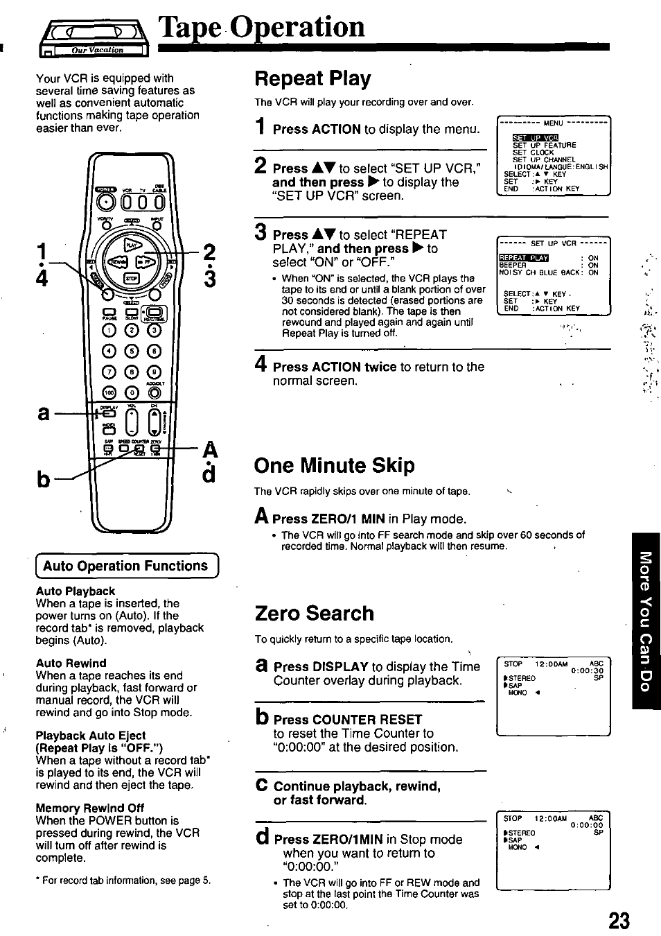 К d -b \ tape operation, Auto playback, Auto rewind | Repeat play, One minute skip, Zero search, Tape operation | Panasonic OMNIVISION PV-8451 User Manual | Page 23 / 40
