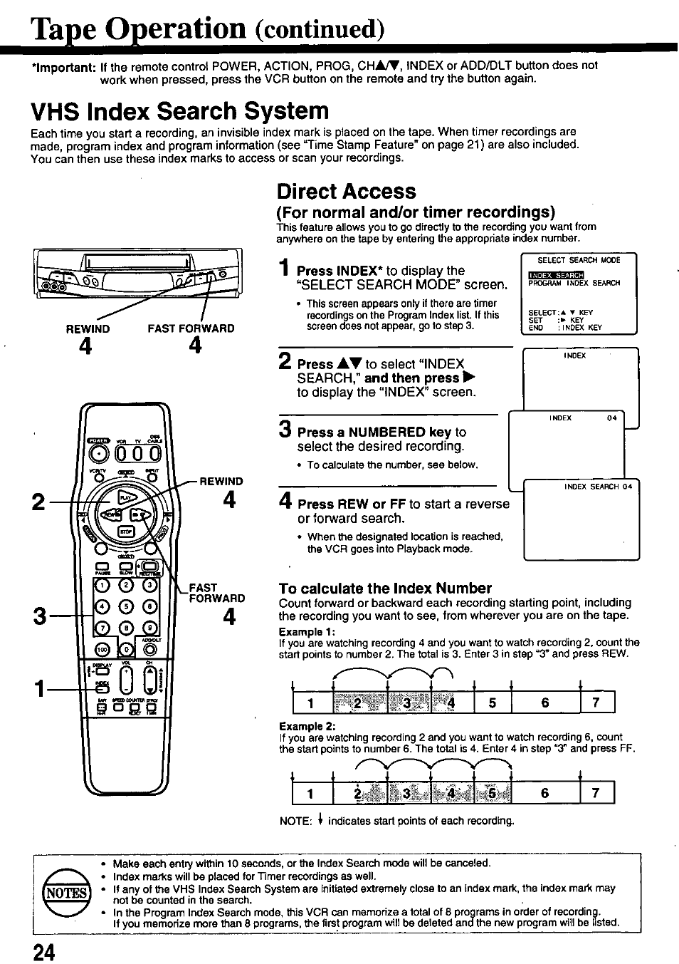 Direct access, For normal and/or timer recordings), To calculate the index number | Vms index search system | Panasonic OMNIVISION PV-8451 User Manual | Page 24 / 40