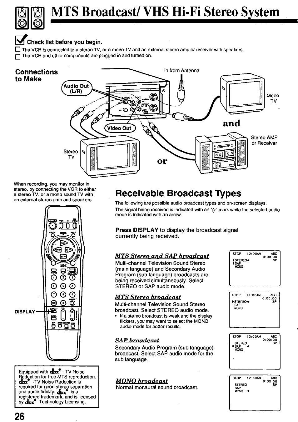 Fwl mts broadcast/vhs hi-fi stereo system, Connections to make, Receivable broadcast types | Mts stereo and sap broadcast, Mts stereo broadcast, Sap broadcast, Mono broadcast, Check list before you begin, Press display | Panasonic OMNIVISION PV-8451 User Manual | Page 26 / 40