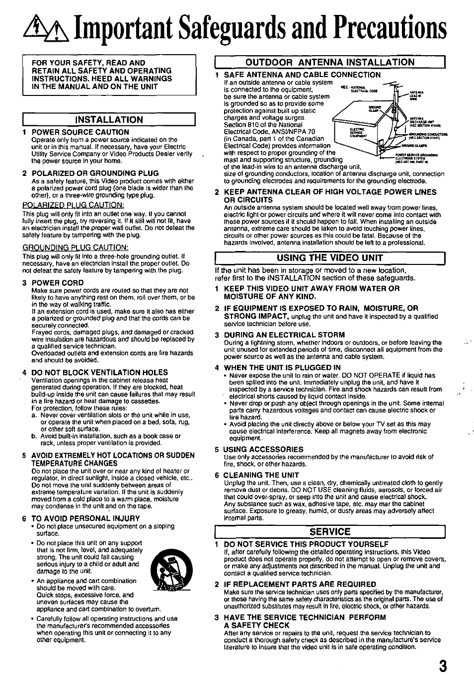 Important safeguards and precautions, Installation, Outdoor antenna installation | Using the video unit, Service | Panasonic OMNIVISION PV-8451 User Manual | Page 3 / 40