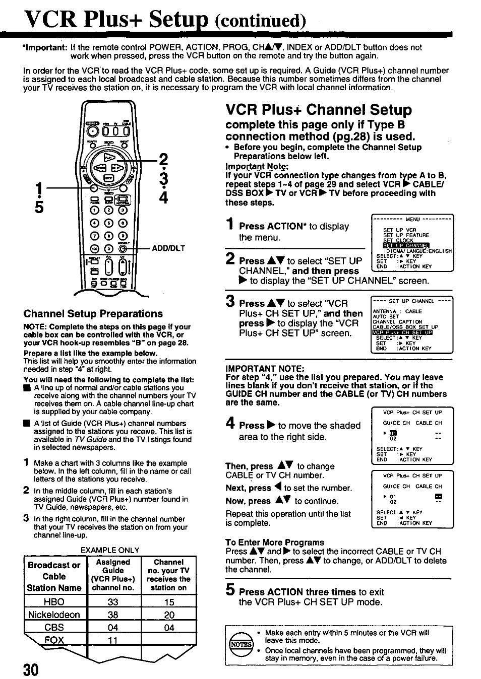Vcr p1us+ setup (continued), Channel setup preparations, Vcr plus+ channel setup | P1us+ setup, Continued), Cha/t | Panasonic OMNIVISION PV-8451 User Manual | Page 30 / 40