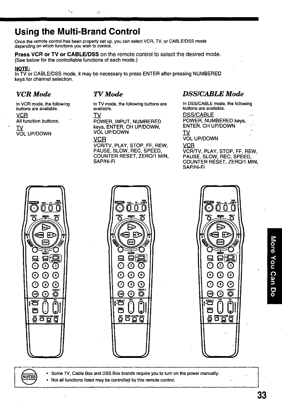 Using the multi-brand control, Vcr mode, Tv mode | Dssfcable mode | Panasonic OMNIVISION PV-8451 User Manual | Page 33 / 40