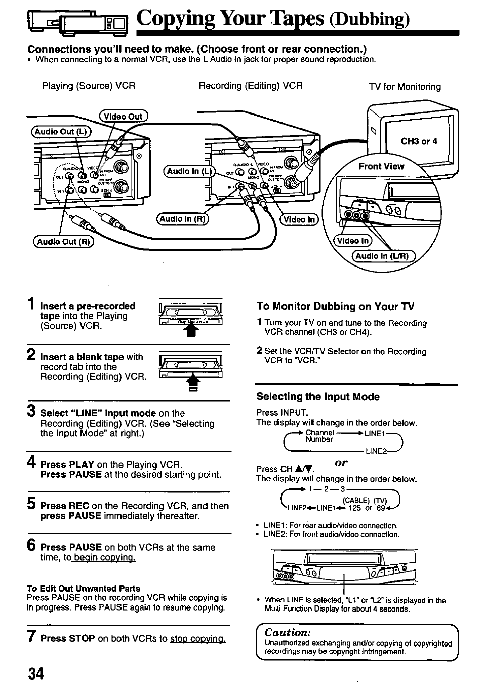 L^l_ "ld| copying your tapes (dubbing), To monitor dubbing on your tv, Selecting the input mode | L^l_ "ld| copying your tapes, Dubbing) | Panasonic OMNIVISION PV-8451 User Manual | Page 34 / 40