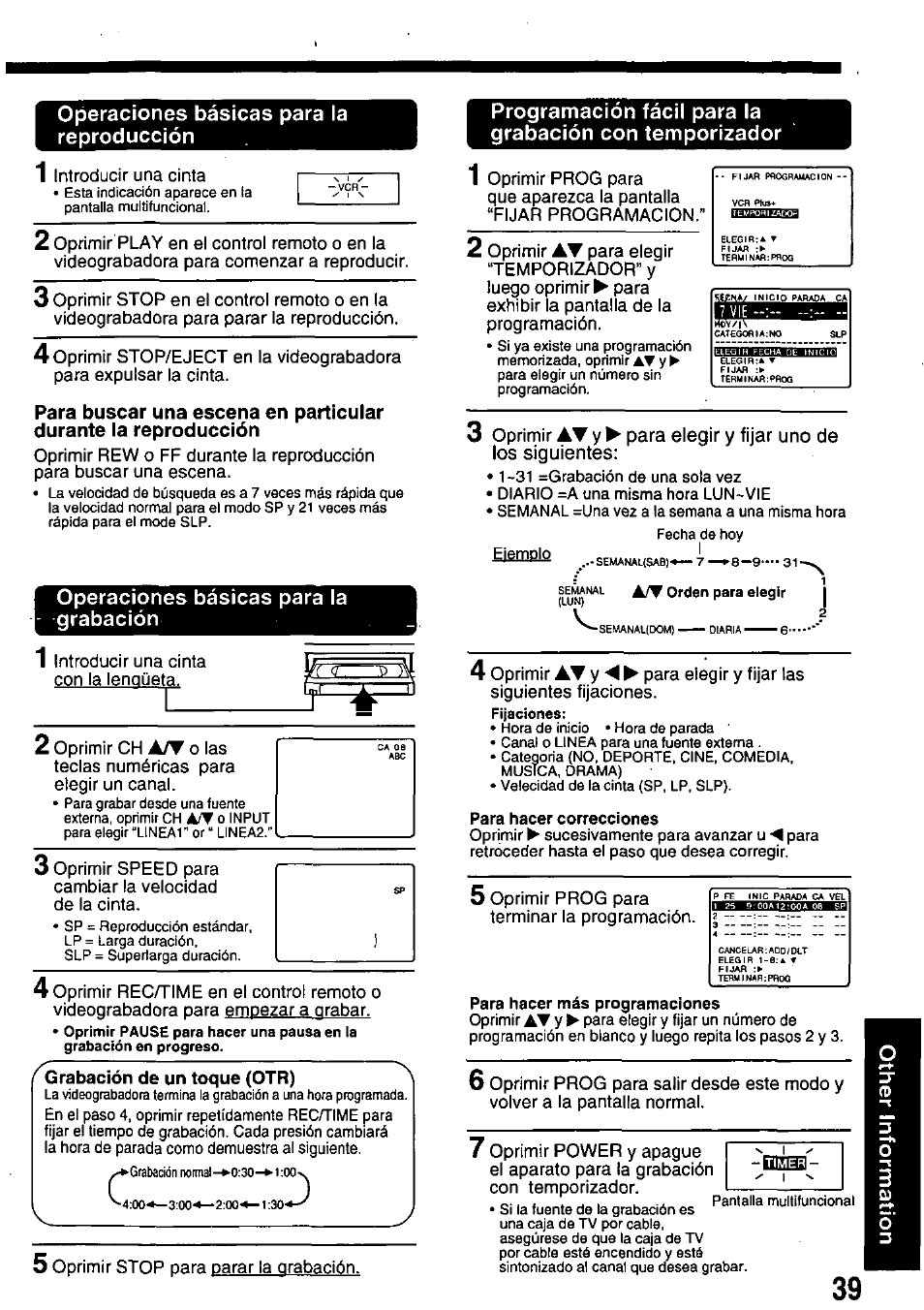 Operaciones básicas para la reproducción, Para buscar una escena en particular, Durante la reproducción | Operaciones básicas para la grabación, Para hacer correcciones, Еишз | Panasonic OMNIVISION PV-8451 User Manual | Page 39 / 40