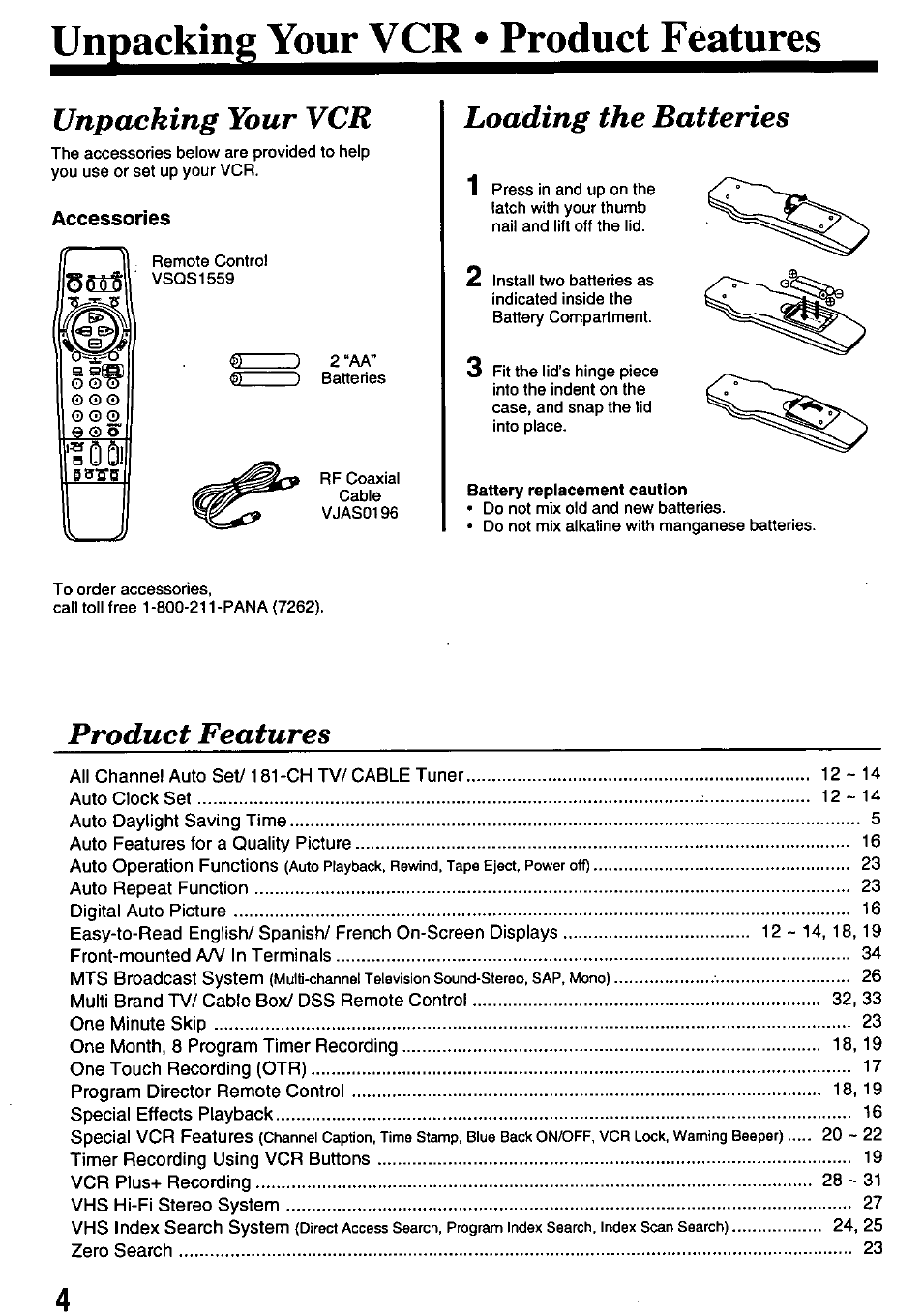 Unpacking your vcr, Loading the batteries, Product features | Panasonic OMNIVISION PV-8451 User Manual | Page 4 / 40