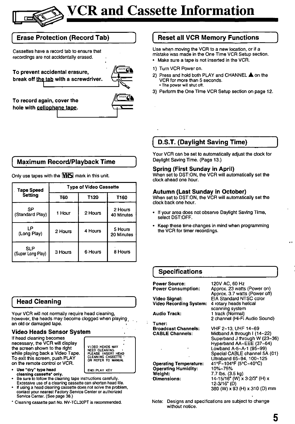 Vcr and cassette information, Erase protection (record tab), Reset all vcr memory functions | D.s.t. (daylight saving time), Head cleaning, Specifications, Auto daylight saving time, Video heads sensor system, Spring (first sunday in april), Autumn (last sunday in october) | Panasonic OMNIVISION PV-8451 User Manual | Page 5 / 40