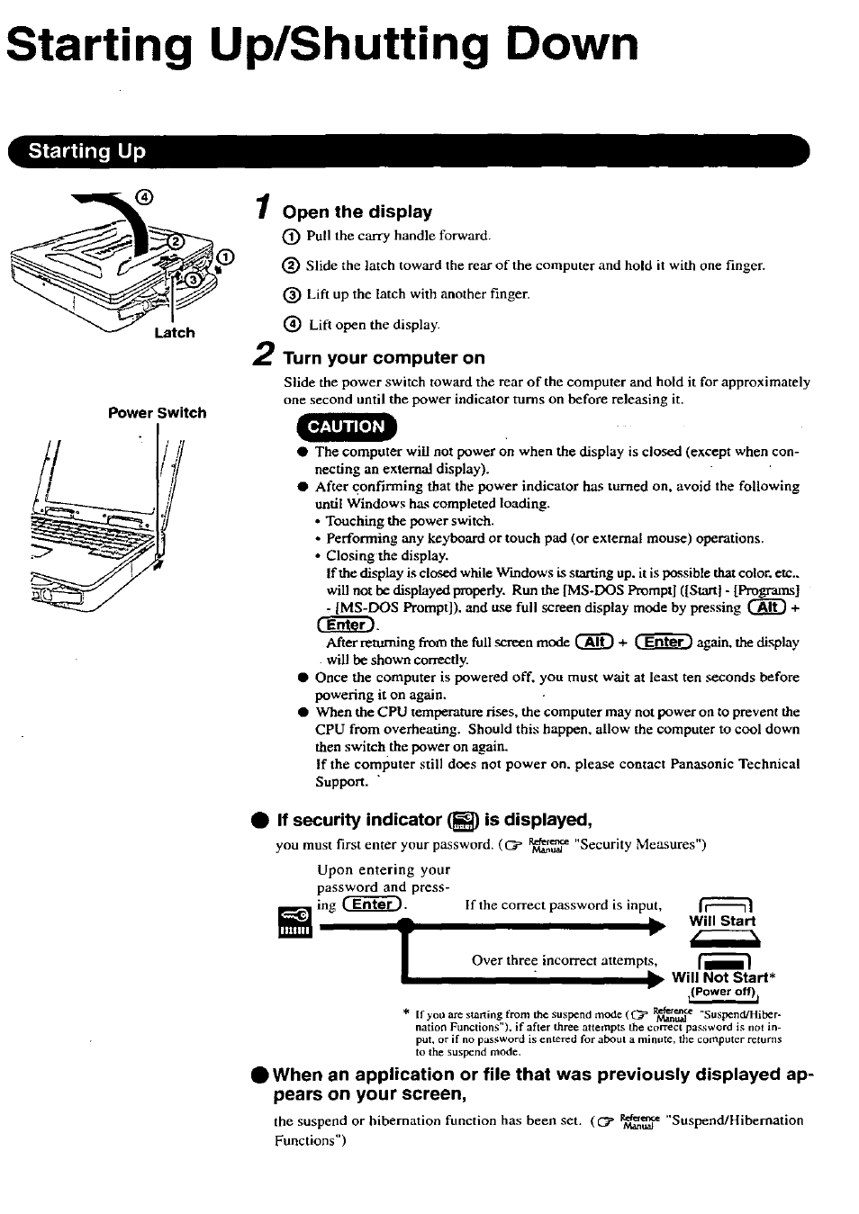 Starting up/shutting down, Starting up, Power switch | Open the display, Turn your computer on, If security indicator is displayed, Win not start, Starting up/shuttir>g down | Panasonic CF-27 User Manual | Page 10 / 28