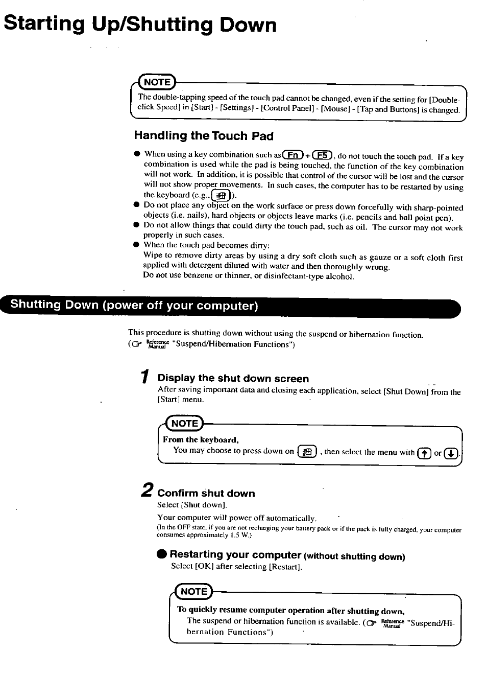 Starting up/shutting down, Handling the touch pad, Shutting down (power off your computer) | 1 display the shut down screen, 2 confirm shut down, Restarting your computer (without shutting down) | Panasonic CF-27 User Manual | Page 14 / 28