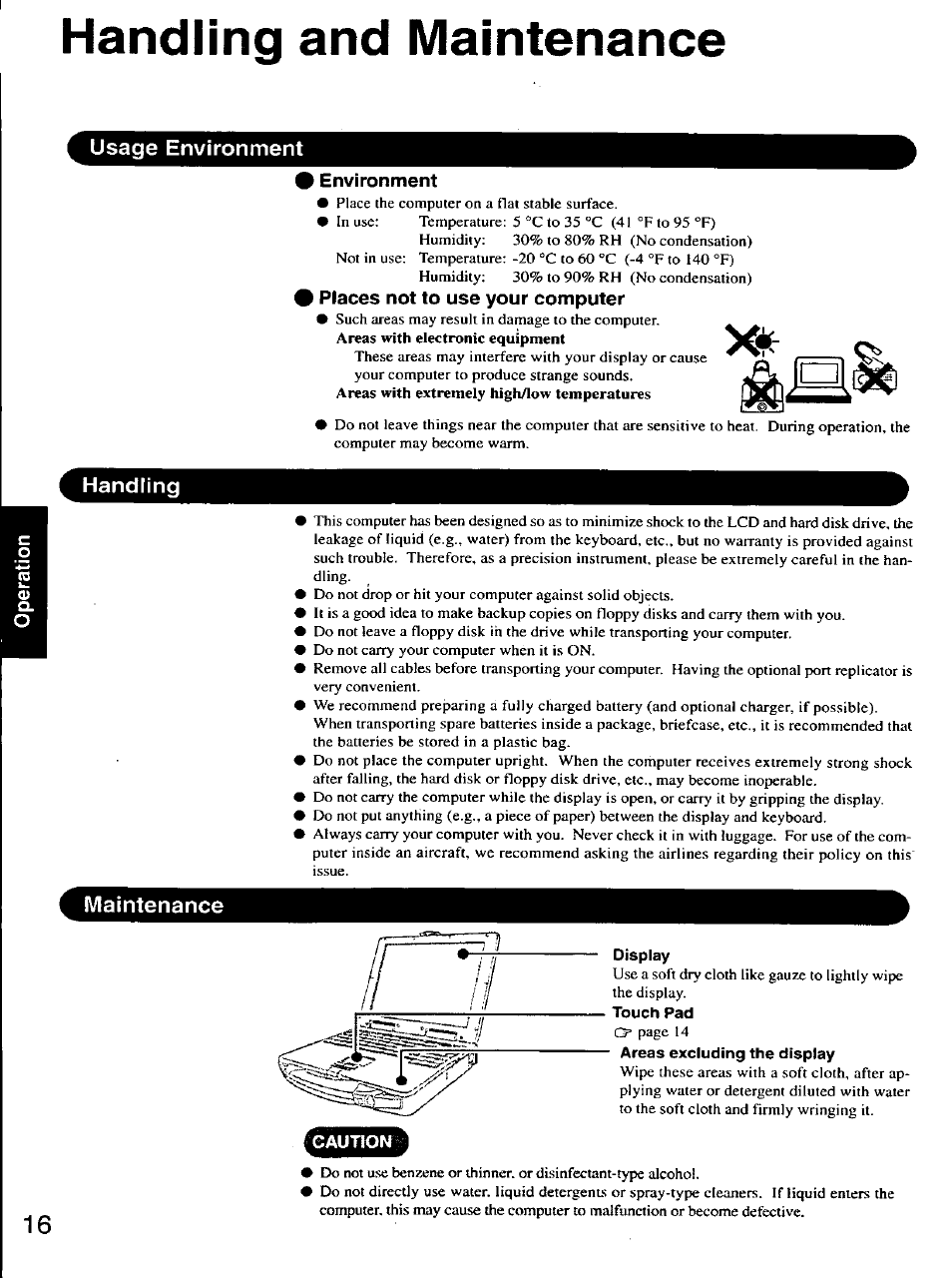 Handling and maintenance, Usage environment, I environment | I places not to use your computer, Handling, Maintenance, Display, Touch pad, Areas excluding the display, Handling and maintenartce | Panasonic CF-27 User Manual | Page 16 / 28