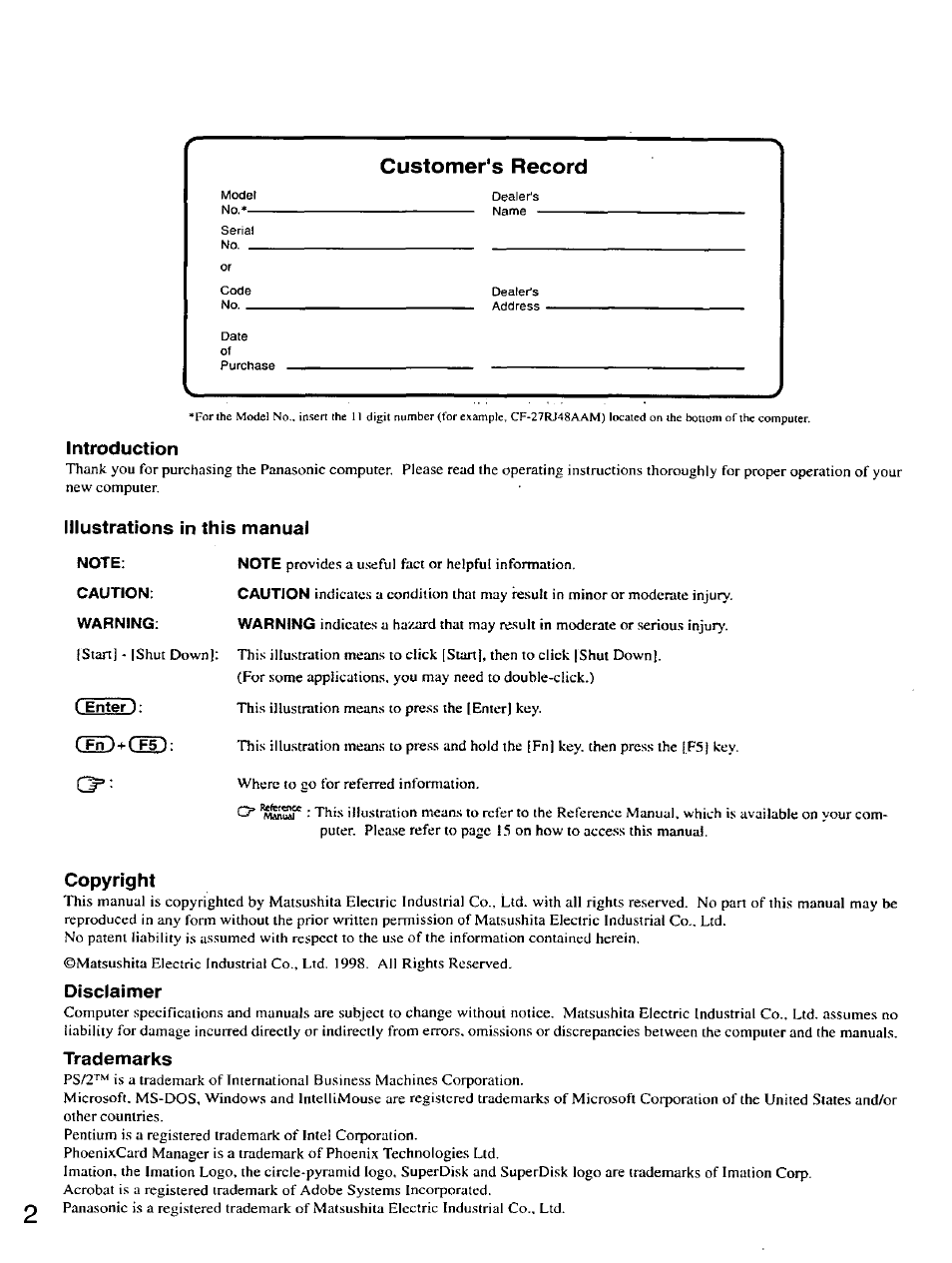 Customer's record, Introduction, Illustrations in this manual | Copyright, Disclaimer, Trademarks | Panasonic CF-27 User Manual | Page 2 / 28